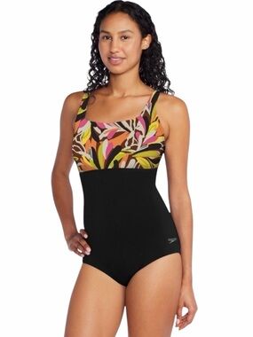 Speedo Fandango Pink Tropical Print Black‎ Swimsuit Size 12 New